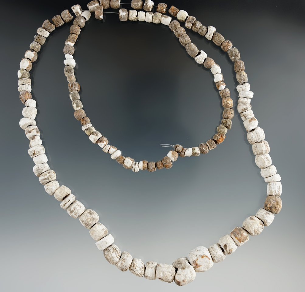 28" long strand of drilled shell beads found by Jon Rose in Scioto Co., Ohio.