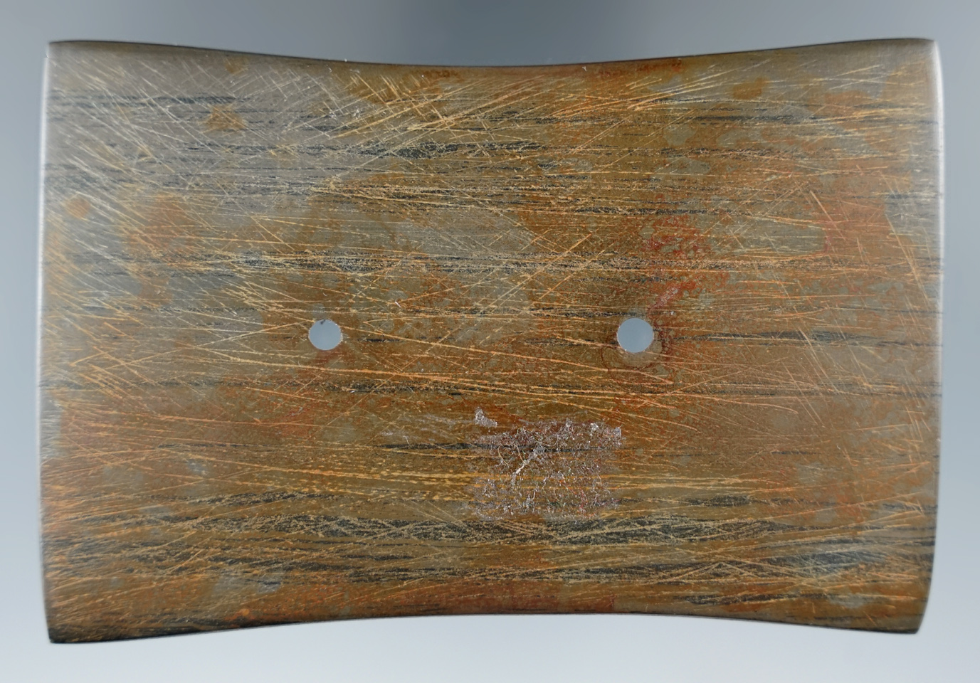 4 1/8" Bi-concave Gorget made from banded slate found in Ionia Co., Michigan. 3 COAs.