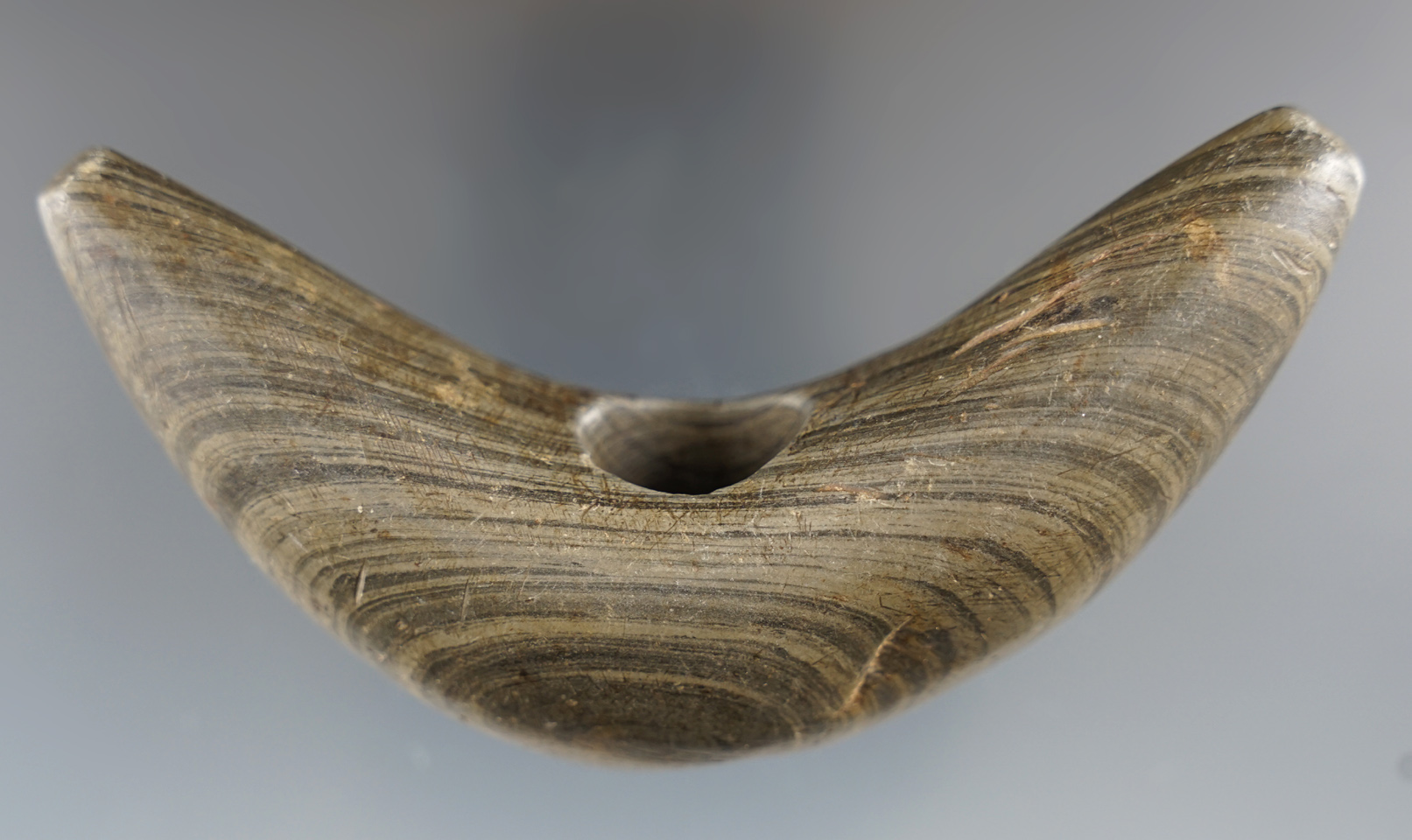 3 3/4" Crescent Bannerstone made from banded slate found in Ohio.