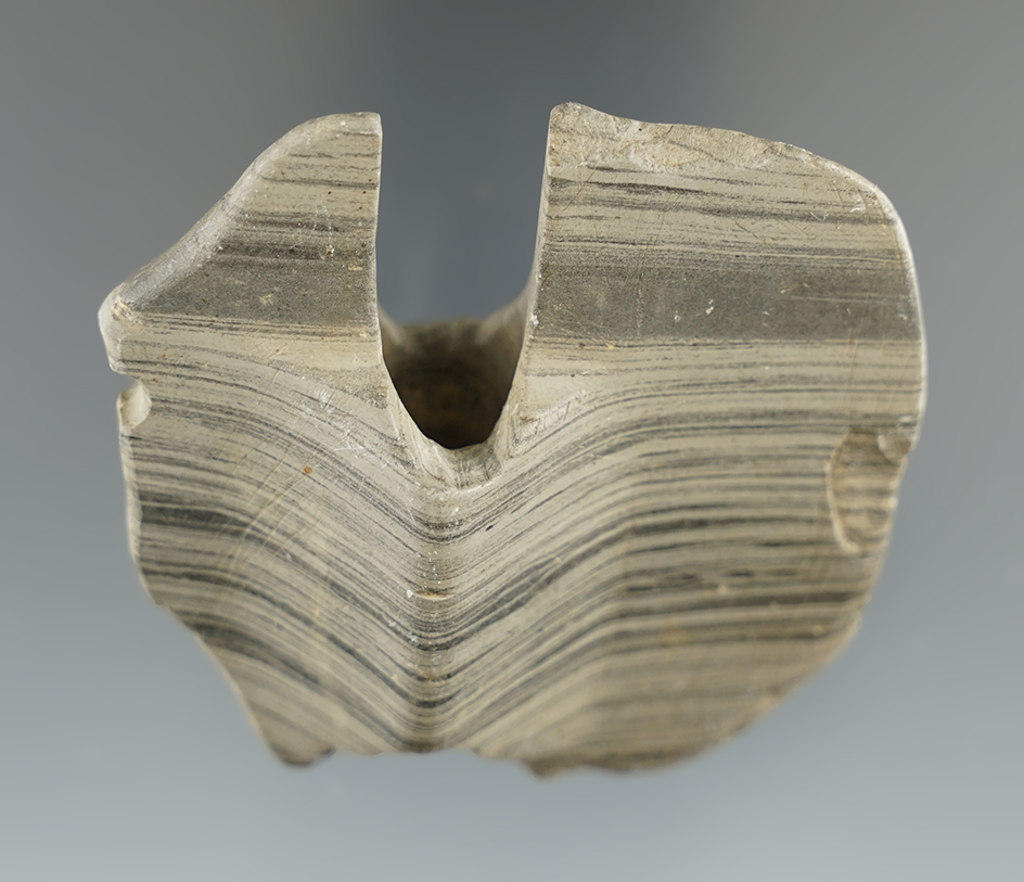 Anciently salvaged 2 5/16" wide Double Notch Wing Bannerstone found in Ohio.
