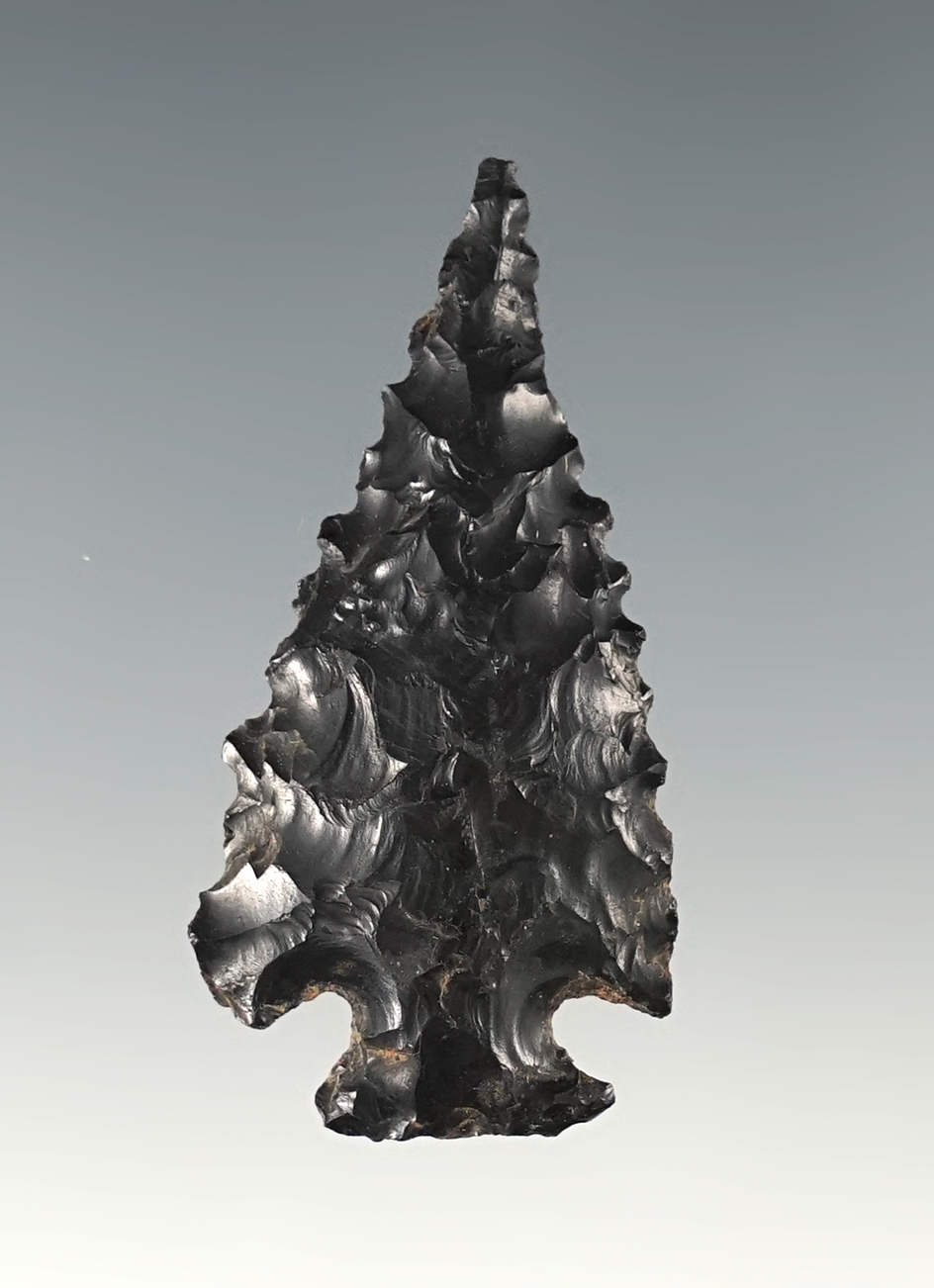 Nicely styled 1 3/4" Serrated Obsidian Dart point found in New Mexico.