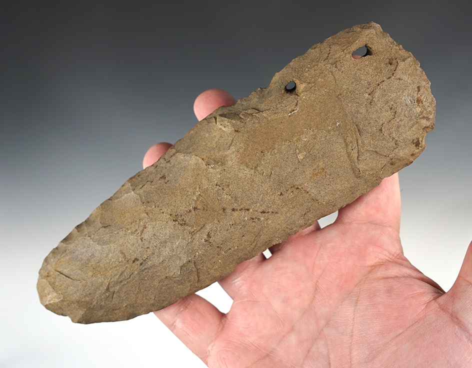 7 1/2" Flint Celt with nice polish on one face around the bit. Found in Trigg Co., Kentucky.