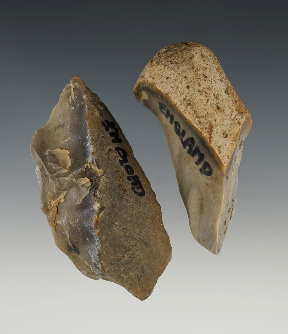 Pair of Flint tools recovered in England. Largest is 2 3/4".