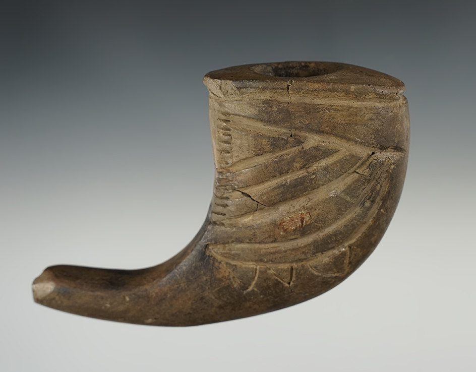 Unique style on this large 5" long Clay Pipe from New York. Heavily restored.