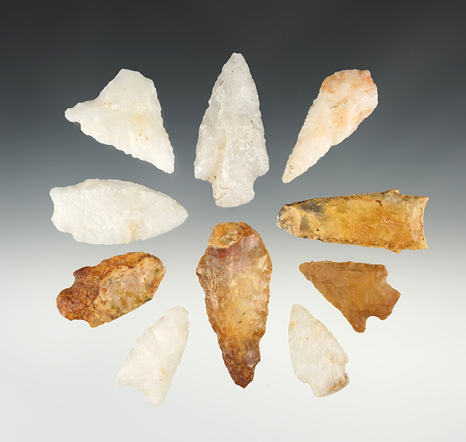 Set of 10 Archaic Points found in McDuffie Co., Georgia. The largest 2 3/4".