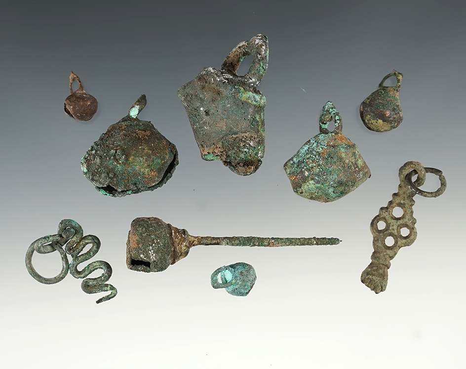 Unique group of 9 Copper Artifacts found at a Pueblo site in New Mexico. Largest is 2 1/2"
