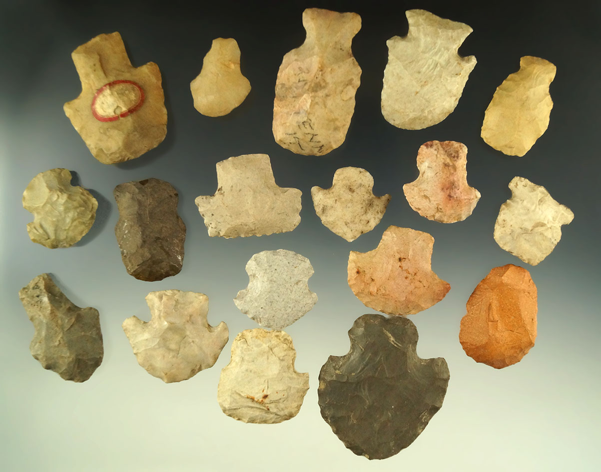 Set of 18 assorted hafted scrapers found in the Midwestern U.S. Largest is 2 1/16".