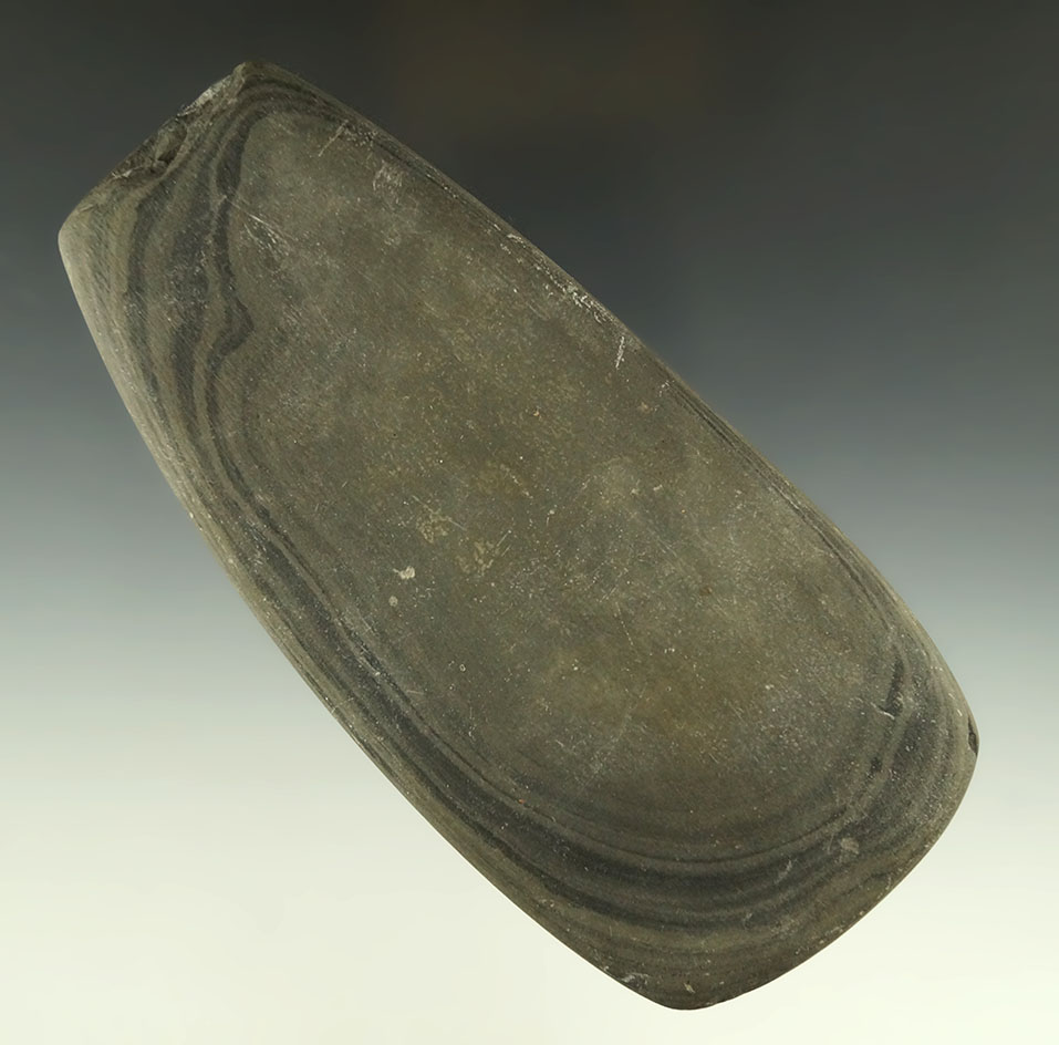 5 3/8" banded glacial slate Celt or pendant preform. Found in Michigan, collection of Phil Wagle.