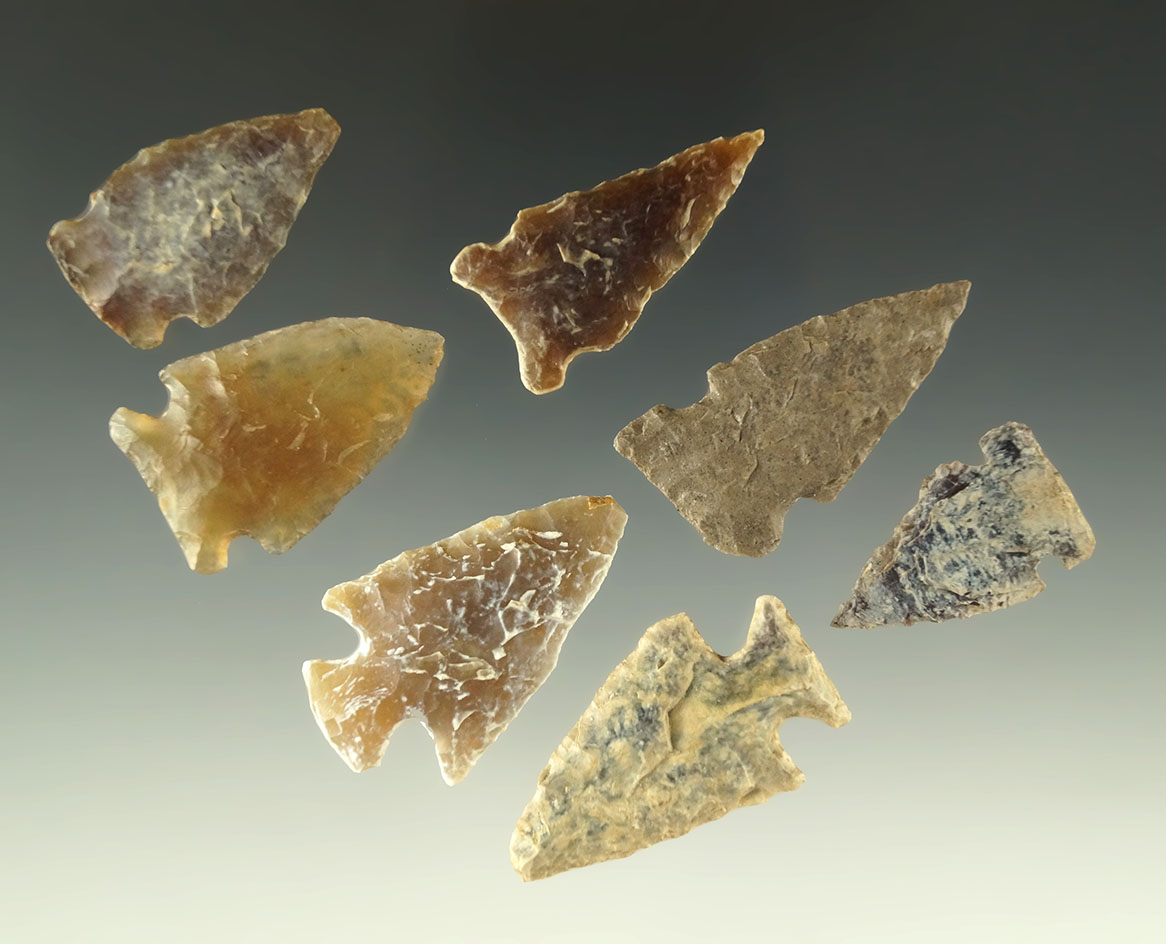 Set of seven assorted North and South Dakota arrowheads, largest is 1 5/16".
