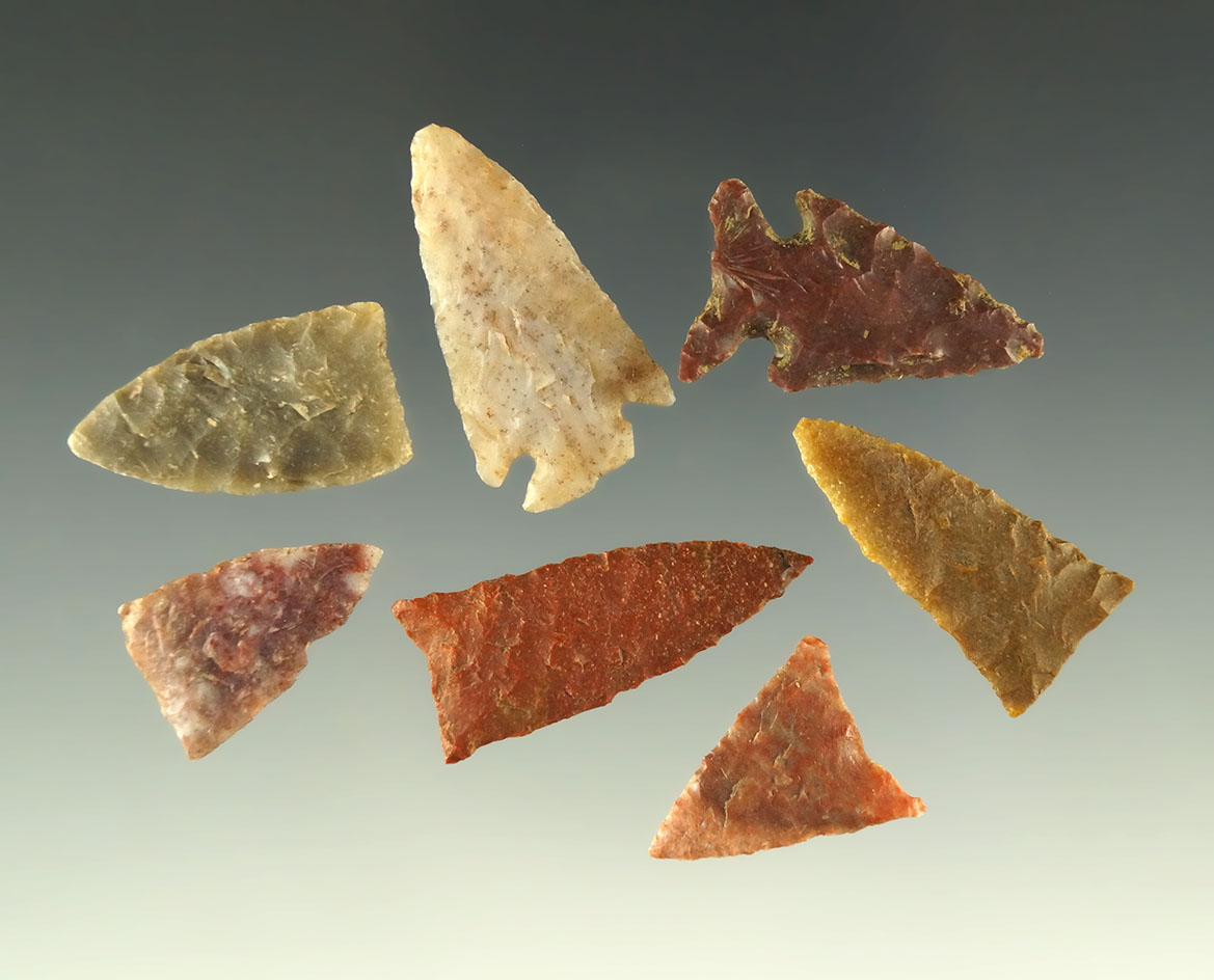 Set of seven well made arrowheads found in Kansas, largest is 1".