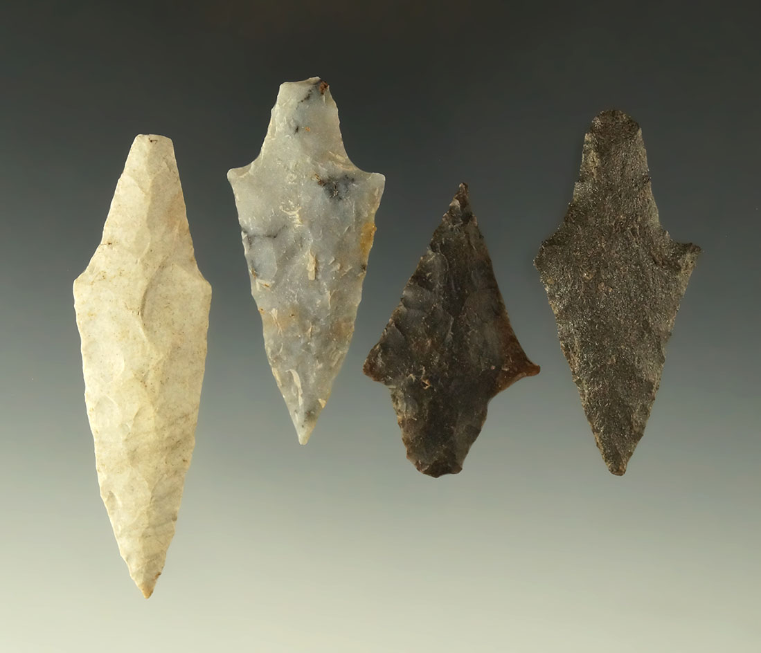 Set of four stemmed points found in Oklahoma, largest is 2 11/16".