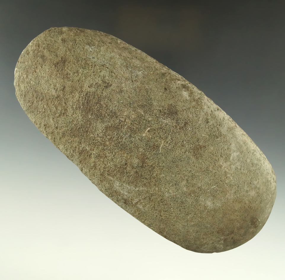 6 3/16" flat green stone Celt with a nice bit. Found in Michigan, from the collection of Phil Wagle.