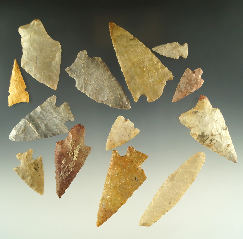 Group of 13 nice arrowheads found in Kansas, largest is 2 3/16".