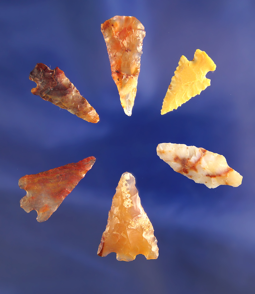 Set of 6 assorted Columbia River arrowheads found near Wishram, Washington