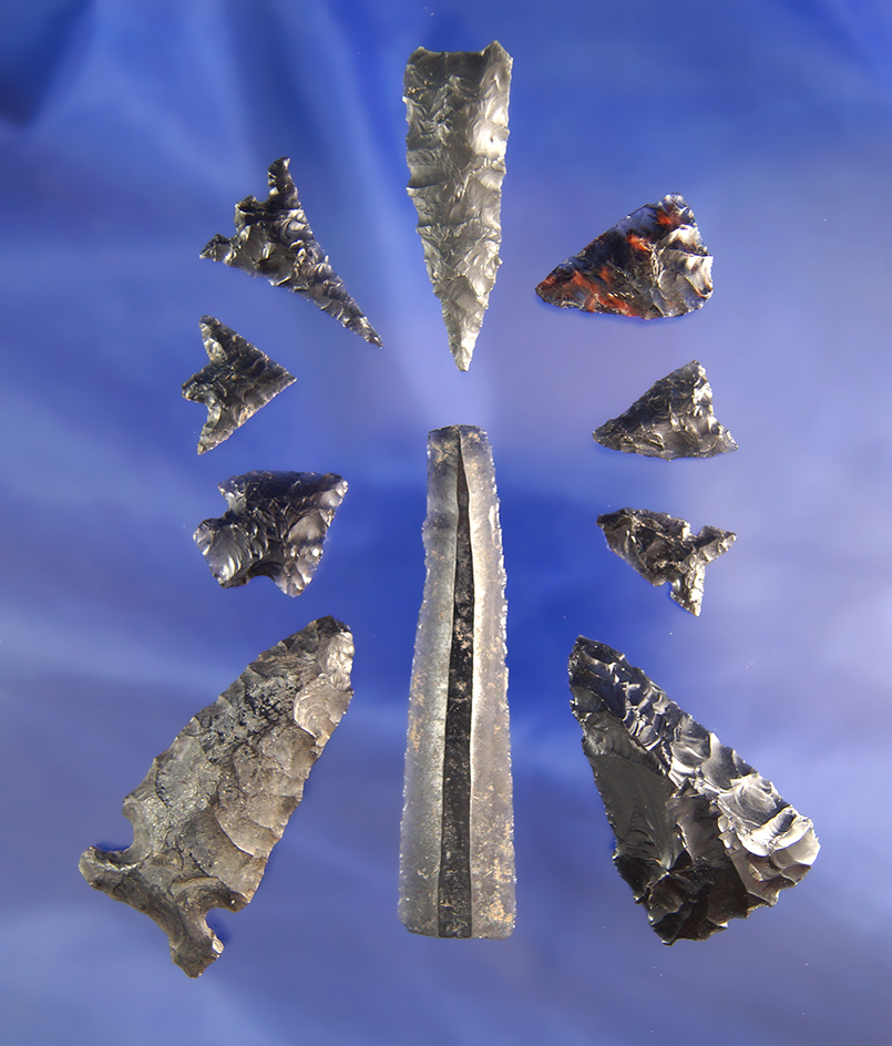 Set of nine assorted Obsidian artifacts found in Oregon, largest is 2 1/2".