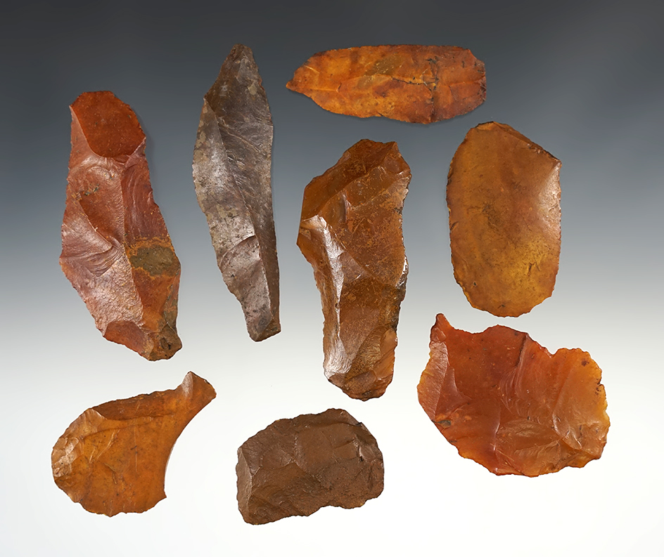 Set of 8 well patinated Florida Uniface Flake Knives. The largest is 3 3/8".