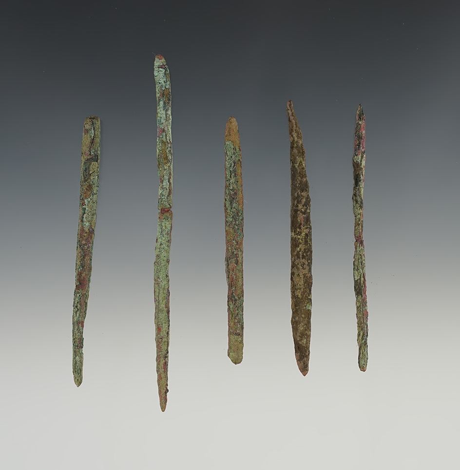 Set of 5 ancient copper Projectile Points. The largest is 3 7/8".