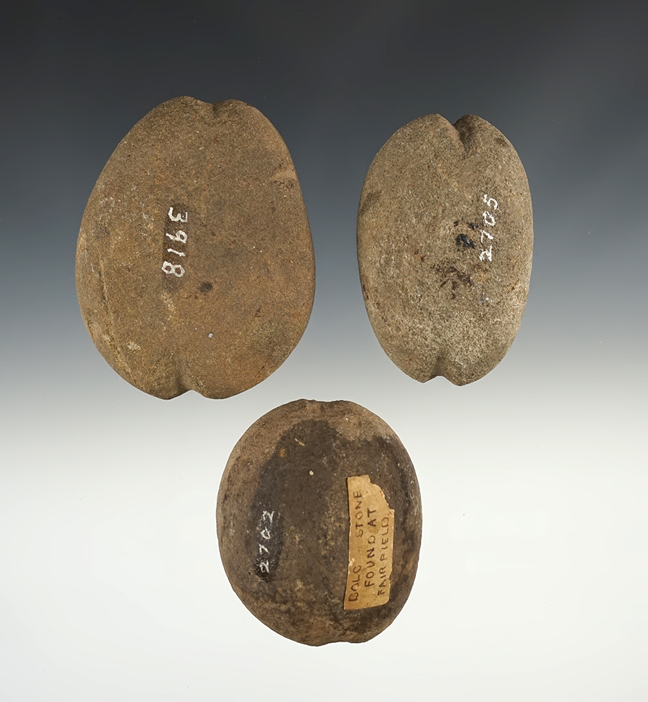 Set of 3 Grooved Weights including one found at Fairfield, largest is 3 1/4".