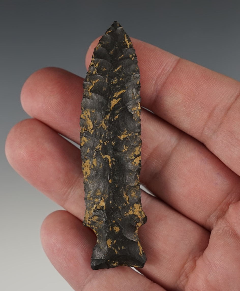 Well flaked and heavily patinated 3" Stemmed Point found in White Co., Arkansas.