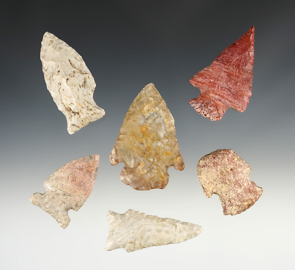 Set of 6 Missouri area points in good condition. The largest is 2 1/2".