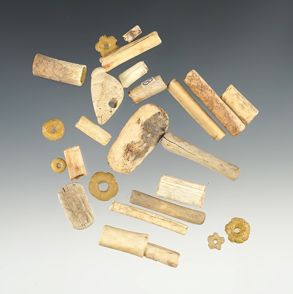 Group of 24 Assorted Bone Beads and Pendants found in New Mexico. Largest is 1 5/16".