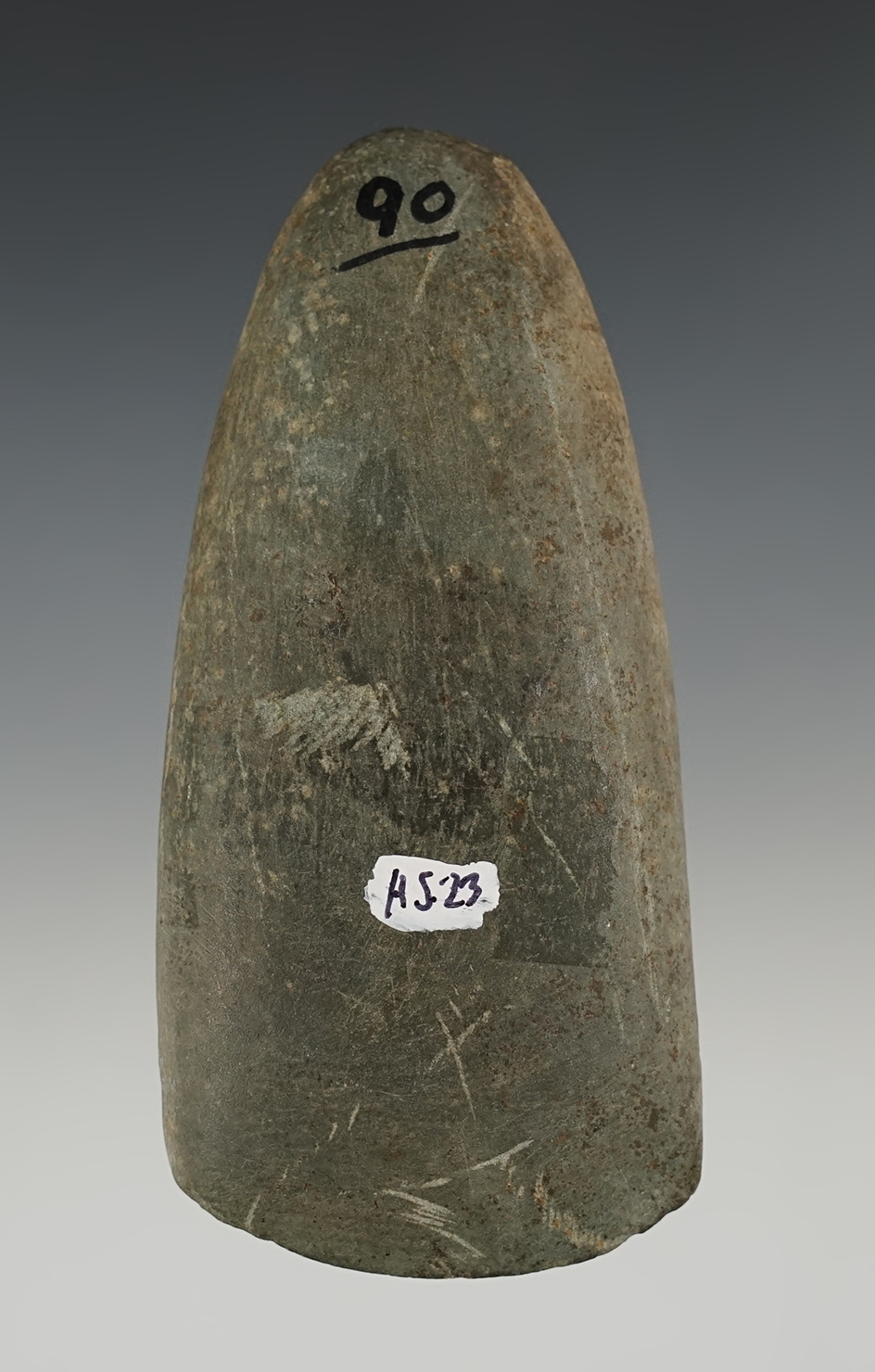 Well patinated 4" Celt found in Washington Co., Ohio.  Ex. Michael Johnson.