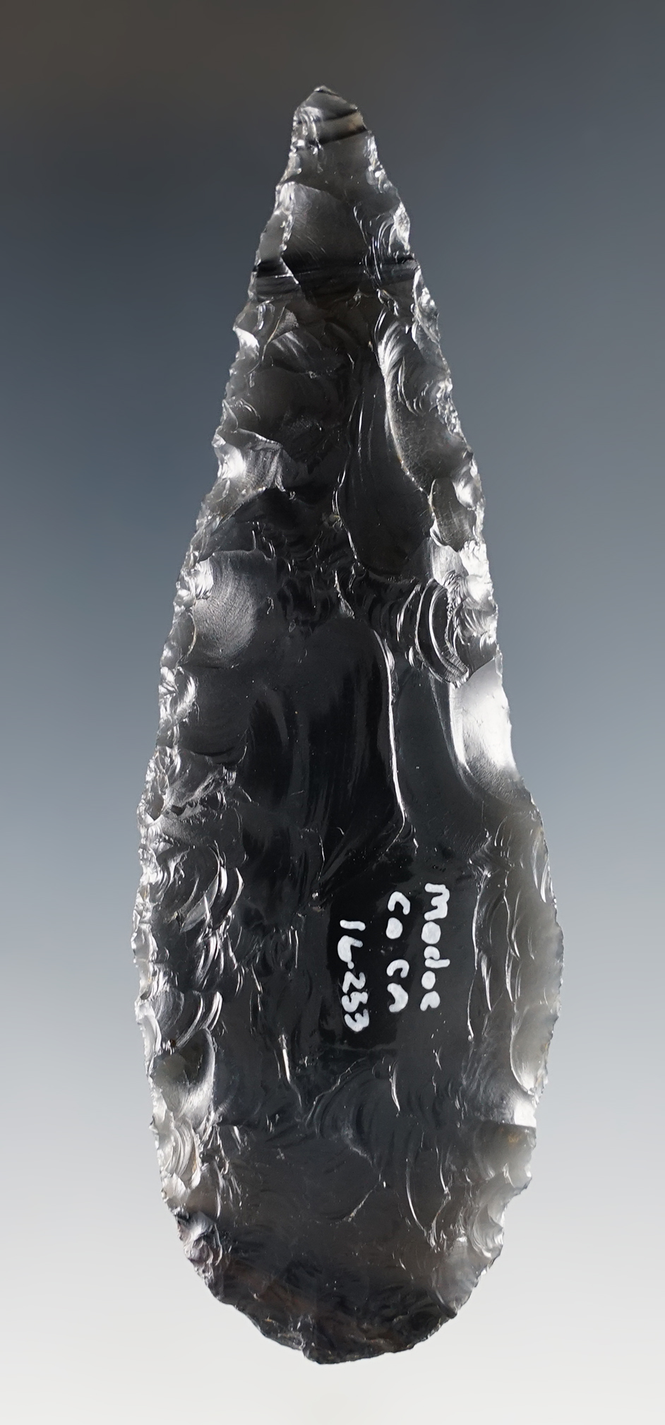 3 11/16" Obsidian Knife found on a private ranch in Modoc Co., California. Ex. Robert Knowlton.