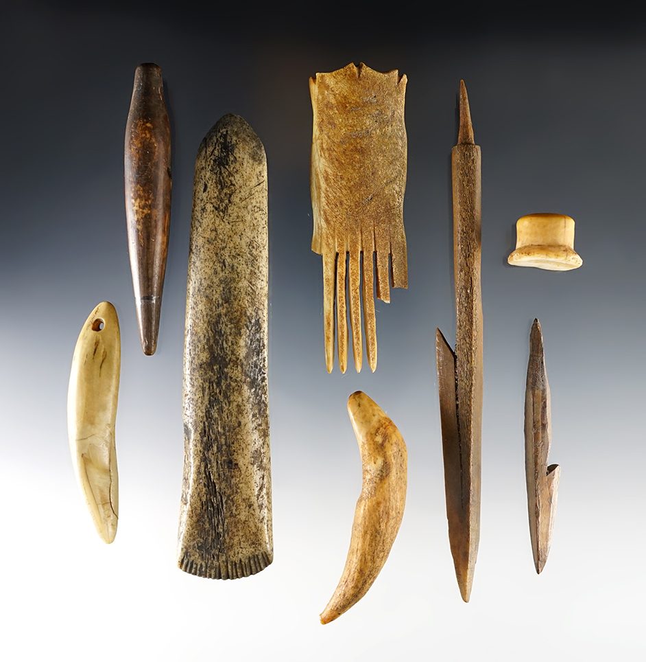 Group of eight assorted Inuit bone points and tools recovered in Alaska. Largest is 5 1/16".