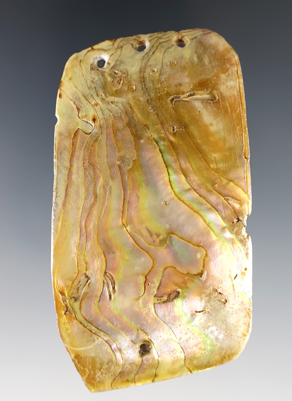 3 1/16" rectangular Abalone Shell 3 hole Ornament recovered in Colusa County California. 