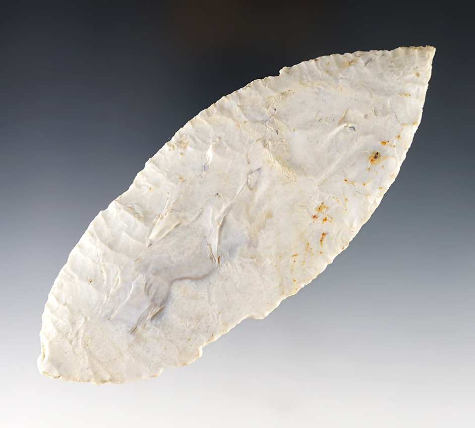 Thin and well made 5 1/2" Ovoid Blade found in Pike Co., Illinois. Made from Avon Chert.
