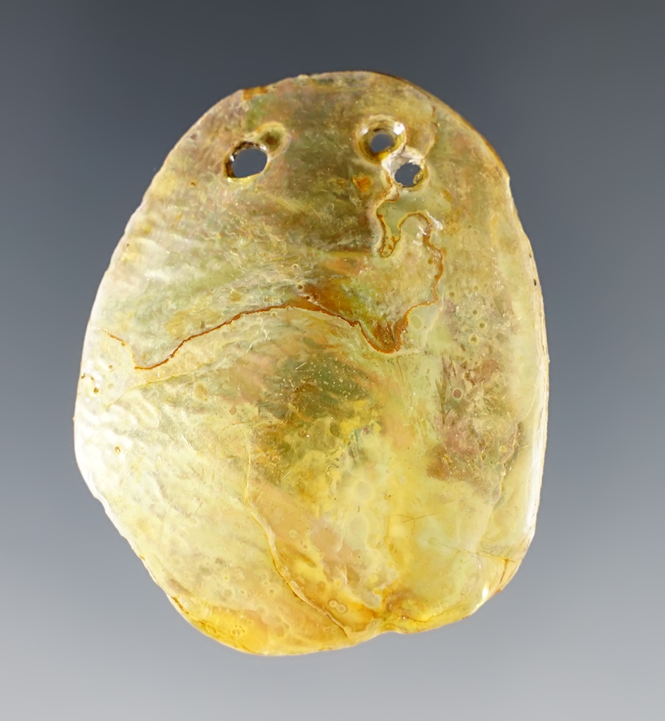 1 3/4" Abalone Shell 3 hole Ornament recovered in Colusa County California. Ex. Chris Ehrke. 