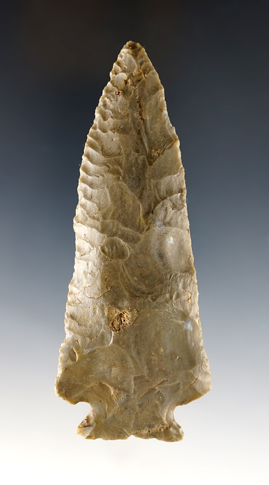 Nicely beveled 4" Archaic Cornernotch made from patinated Hornstone. Found in Kentucky.