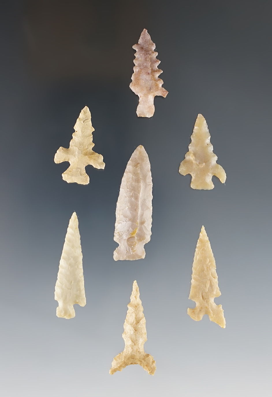 Set of 7 well made Points found around Texas, Oklahoma and Arizona. Ex. Dr. Royce Thomas.