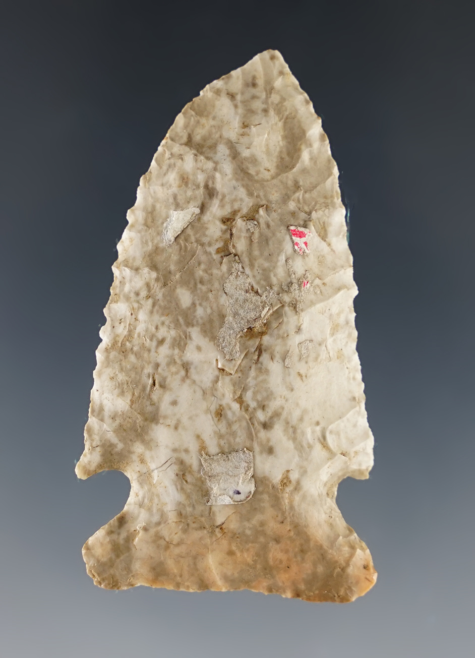 2 3/16" Kentucky Cornernotch made from colorful flint. Ex. Jerry Dickey collection.