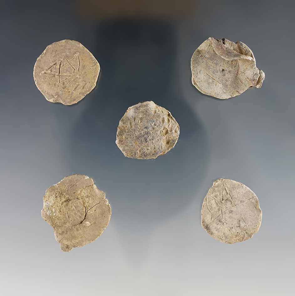 Set of 5 Lead Textile Bale Seals found in White Springs, Geneva, New York. The largest is 1 1/16".