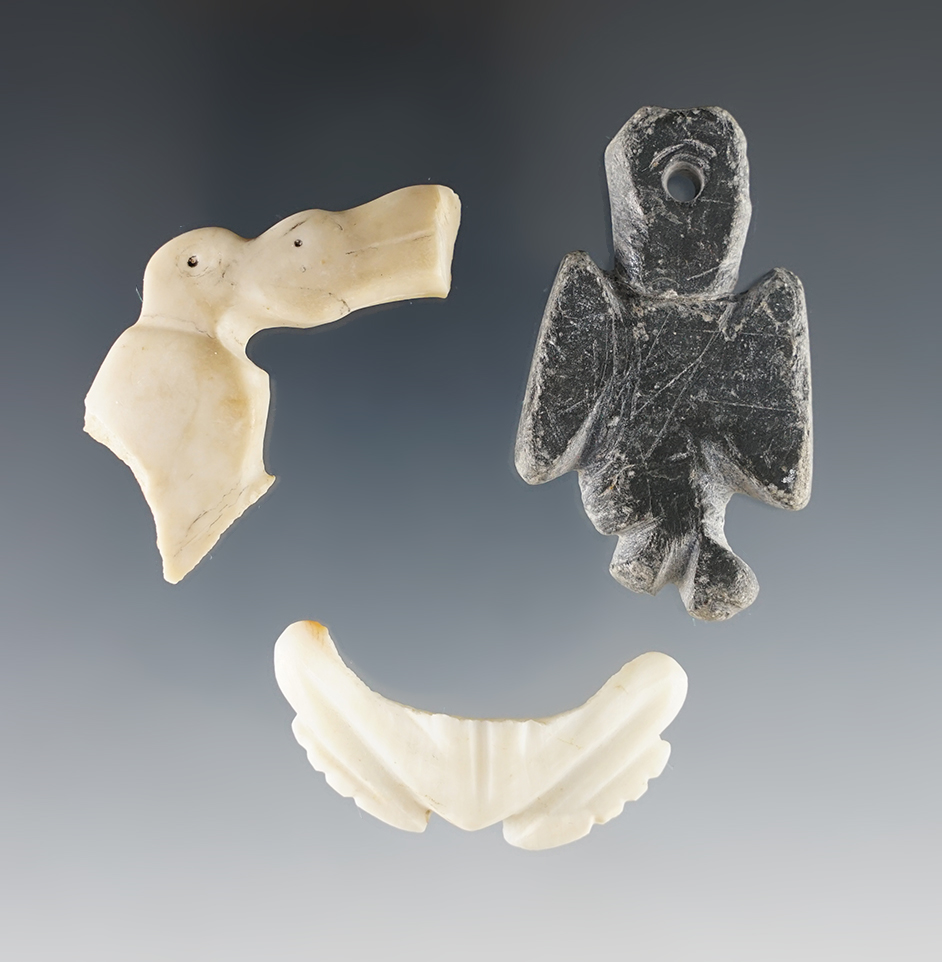 Set of three Hohokam shell artifacts recovered in Arizona/New Mexico. Largest is 2". 