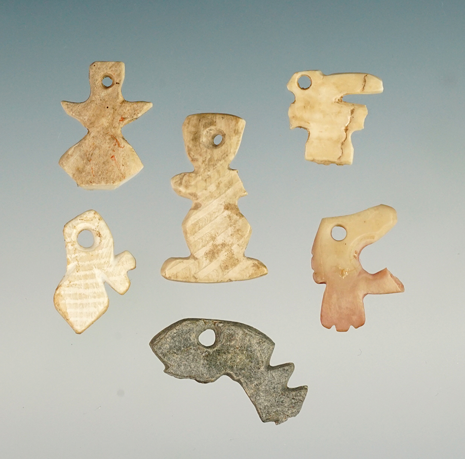Set of six Hohokam shell fetish pendants  recovered in Arizona/New Mexico. Largest is 15/16".