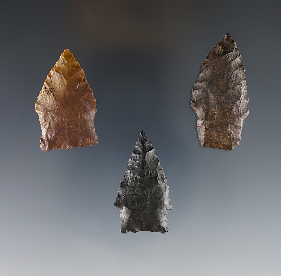 Set of 3 nice Stemmed Points found in Colorado. The largest is 1 11/16".