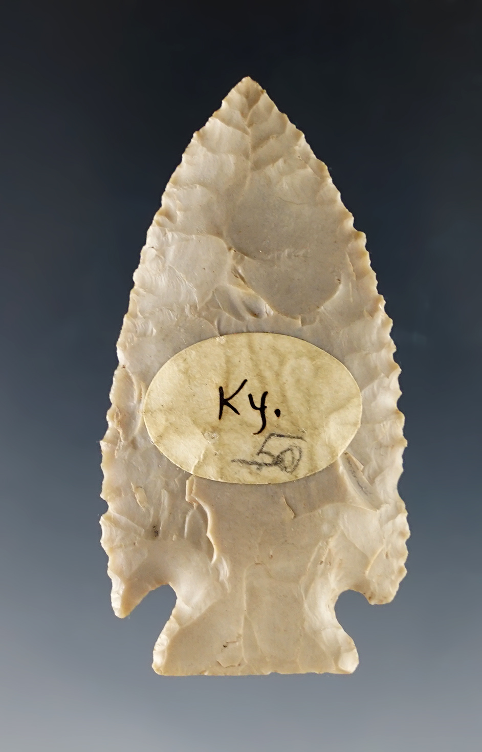 Well flaked and nicely serrated 2 1/4" Cornernotch found in Kentucky.