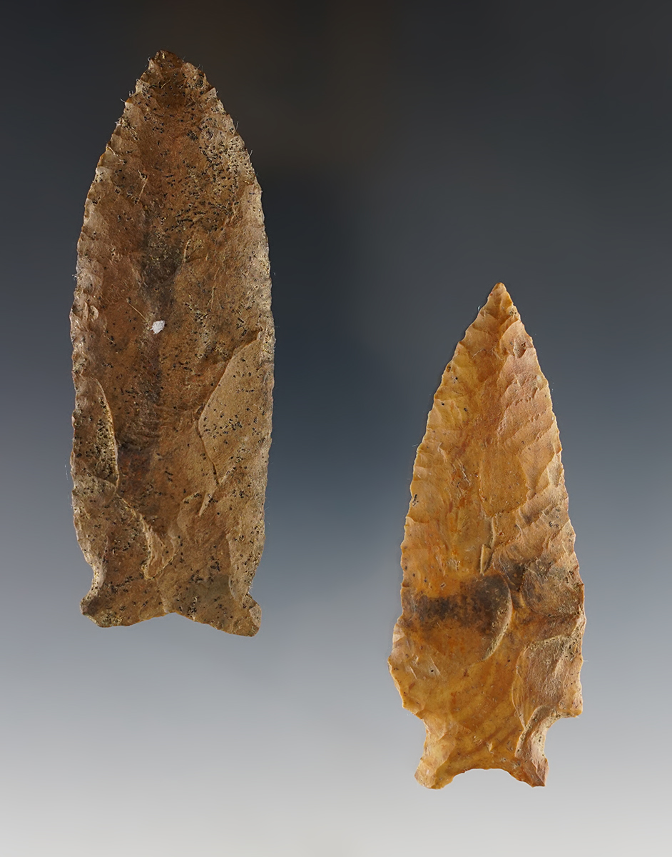 Pair of well made Tennessee points that are heavily patinated. The largest is 3 3/4".