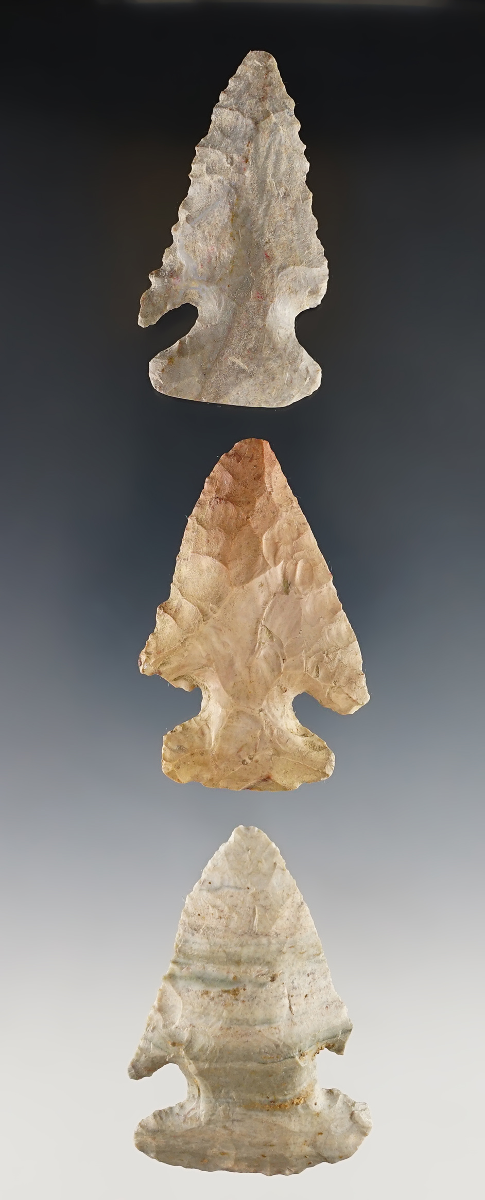 Set of 3 Indiana Archaic Thebes Points in good condition. One is made from colorful Attica Chert. 