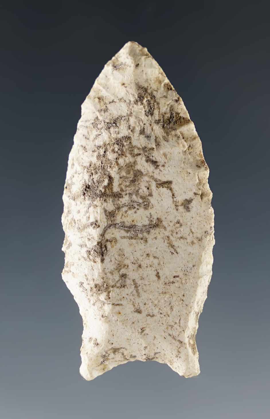 1 15/16" Heavily patinated Paleo dart anceintly made from the top half of a larger fluted point