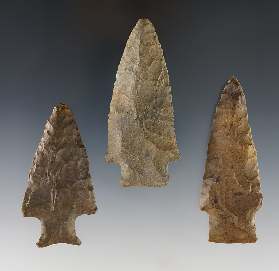 Set of 3 nicely made Tennessee points. The largest is 3 1/16".