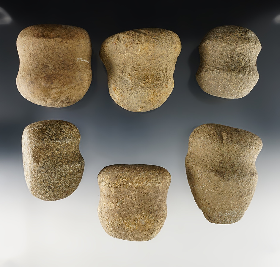 Set of 6 well patinated Grooved Hammerstones found in Indiana. The largest is 3 1/8".