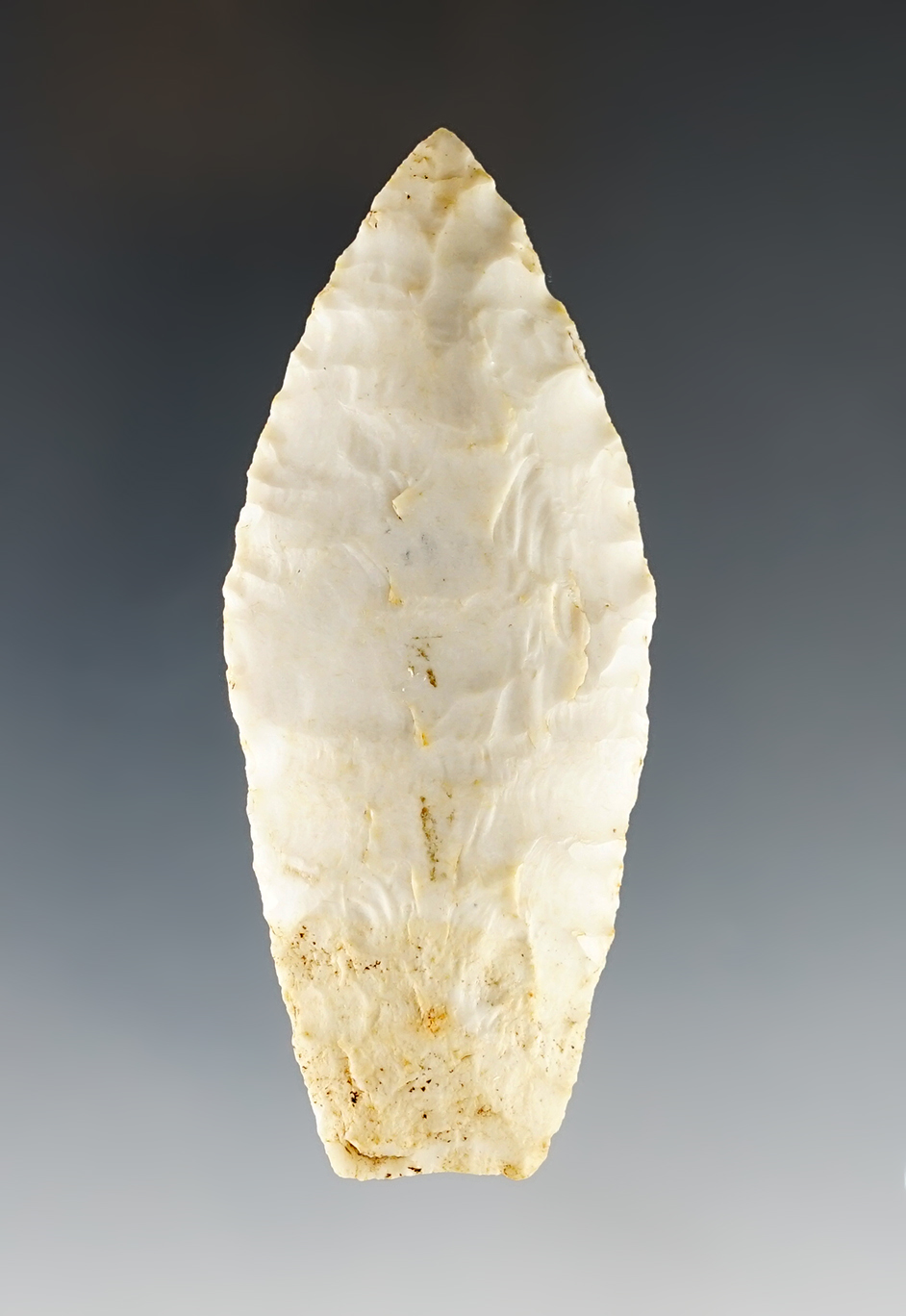 Well made 3 1/4" Agate Basin made from Burlington Chert. Found in Illinois. Bennett COA.