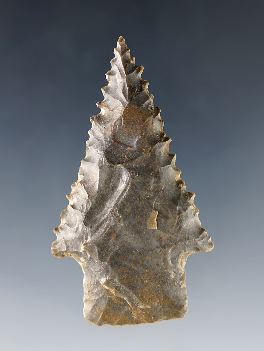 2 1/8" Stemmed Kirk with fine serrations. Found by Joseph Dillion in Calloway Co., Kentucky.