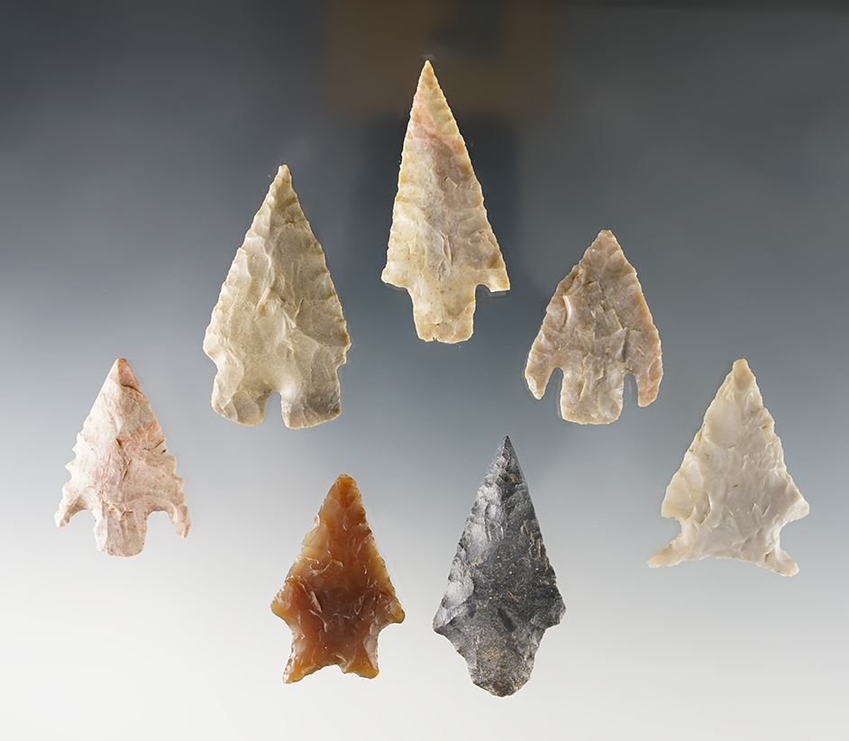 Set of 7 assorted Texas points in good condition. The largest is 2".