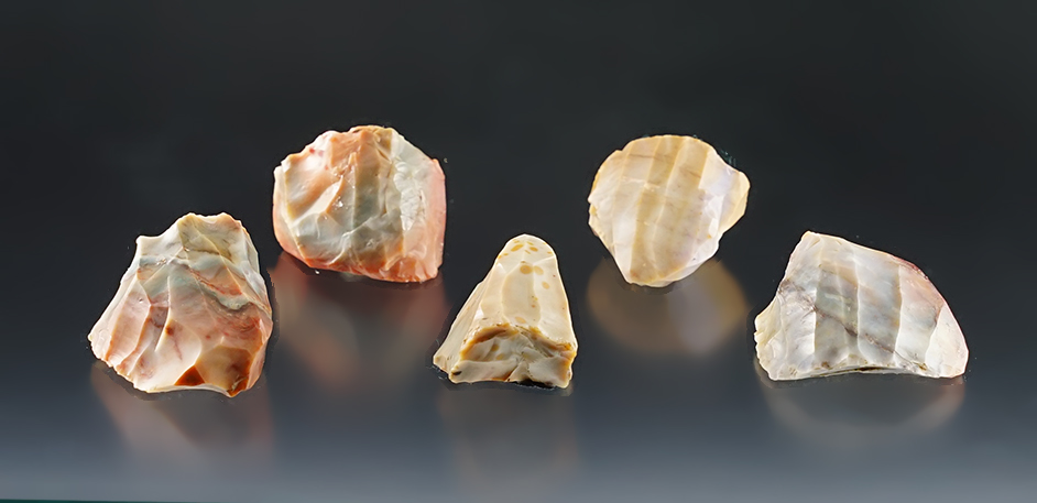 Set of 5 colorful Ohio Cores made from Flint Ridge Flint. The largest is 1 5/8".