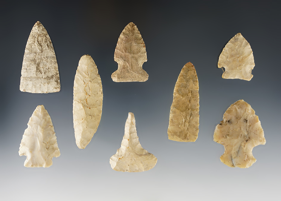 Set of 8 well made Indiana points in good condition. The largest is 2 5/8".