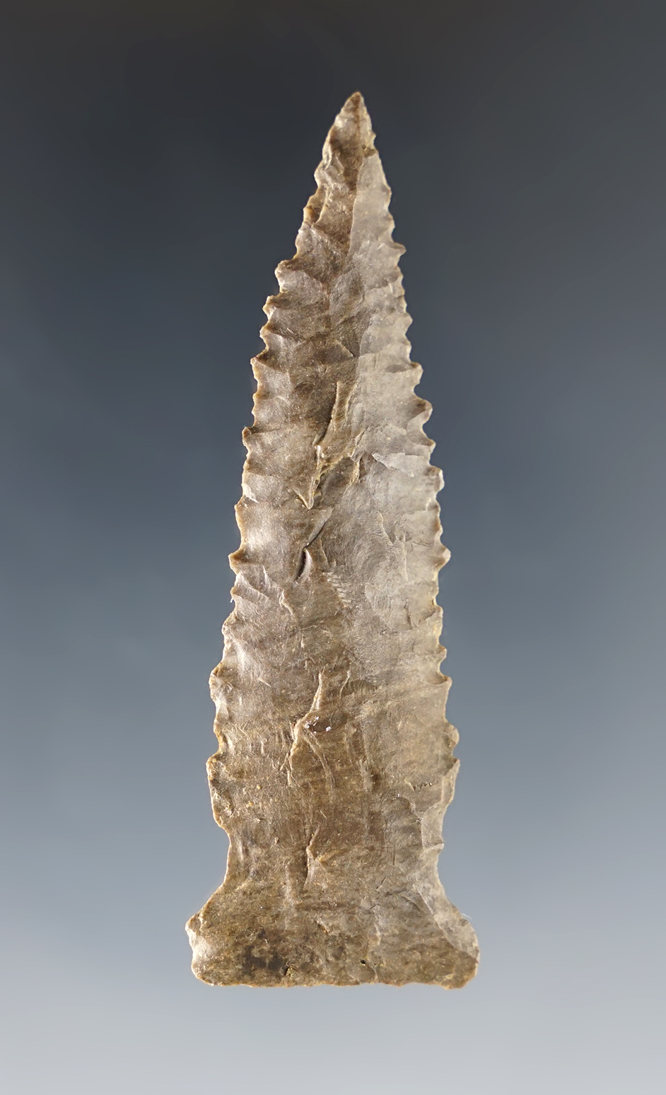 Heavily serrated edges on this 2 11/16" Archaic Sidenotch made from Dover flint. Tennessee. 